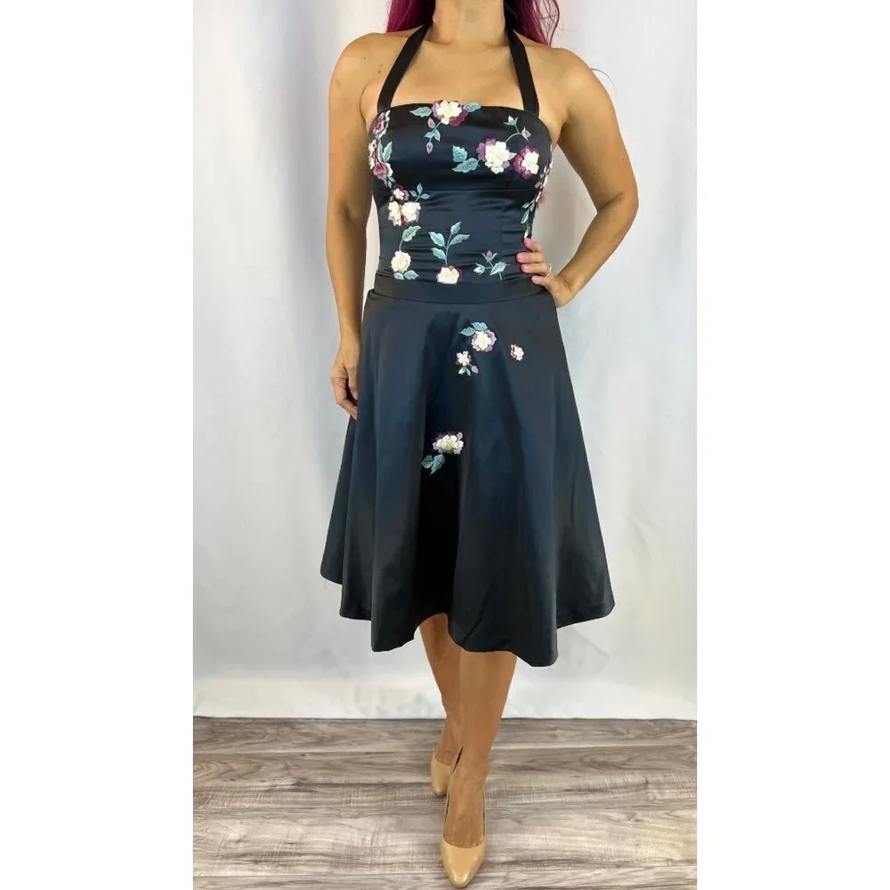 Mandalay Julian Joyce Black Satin Halter A-Line Dress $495 - Picture 3 of 12